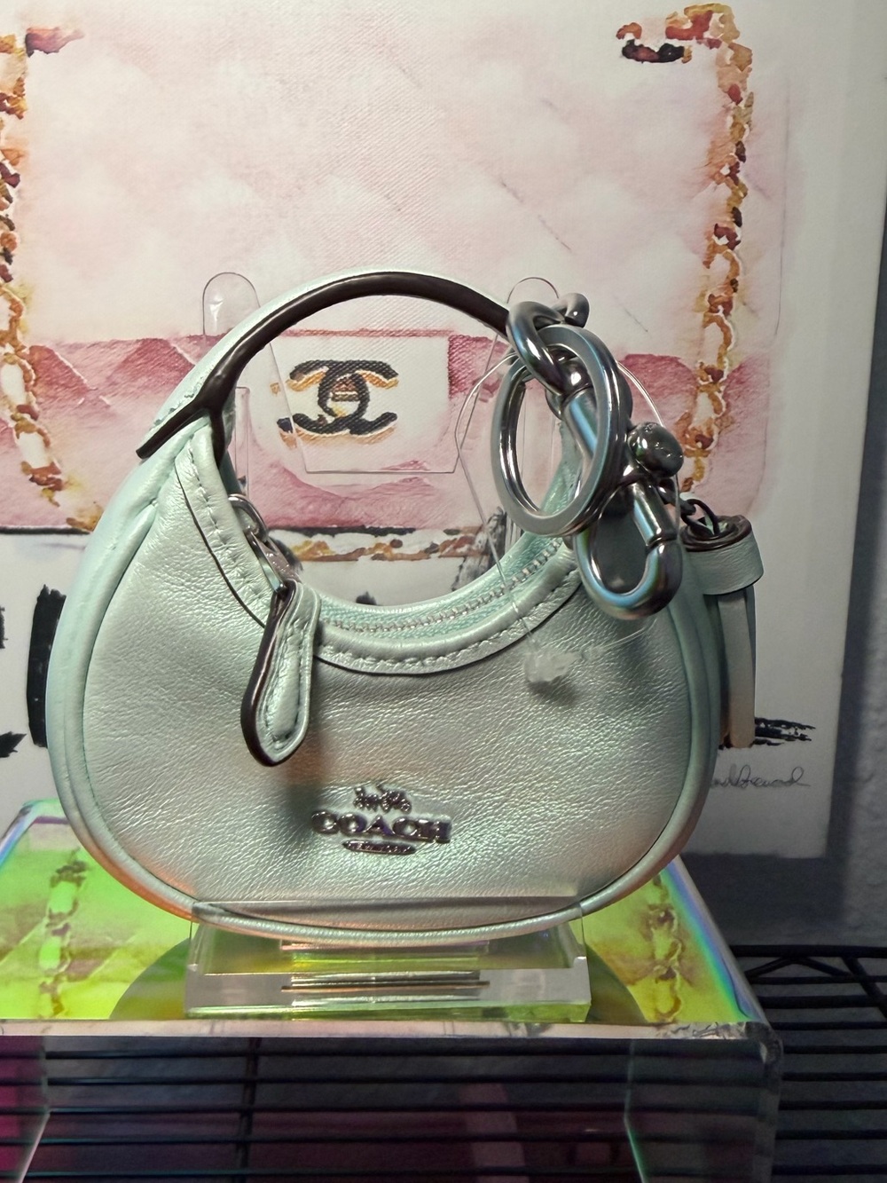 NWOT Coach Mini Carmen Bag Charm Metallic Pale Mint Aqua Hobo with Dust Bag